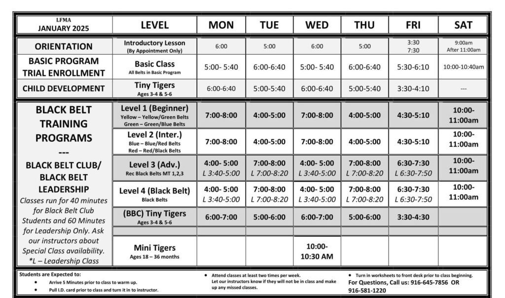 Class schedule april 2025