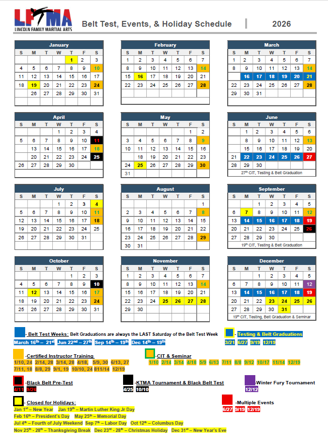 LFMA 2026 Belt Test, events and Holiday Schedule PNG